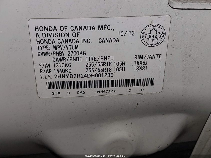 2013 Acura Mdx VIN: 2HNYD2H24DH001236 Lot: 43957419