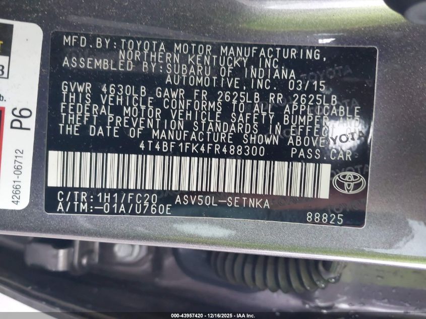 2015 Toyota Camry Le VIN: 4T4BF1FK4FR488300 Lot: 43957420