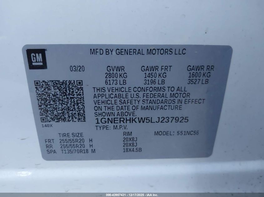 2020 Chevrolet Traverse Fwd Lt Leather VIN: 1GNERHKW5LJ237925 Lot: 43957421