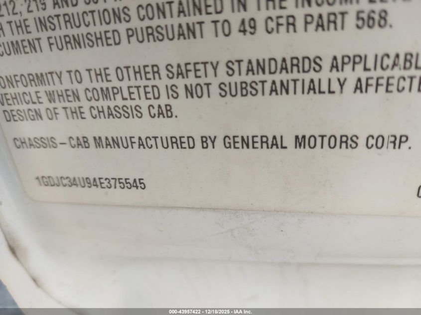 2004 GMC Sierra 3500 Chassis Work Truck VIN: 1GDJC34U94E375545 Lot: 43957422