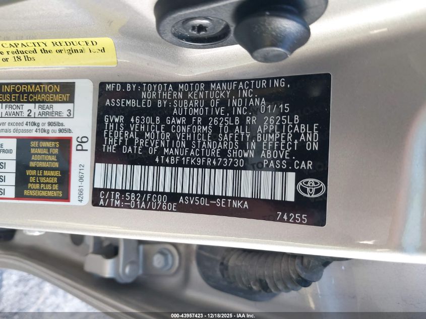 2015 Toyota Camry Le VIN: 4T4BF1FK9FR473730 Lot: 43957423