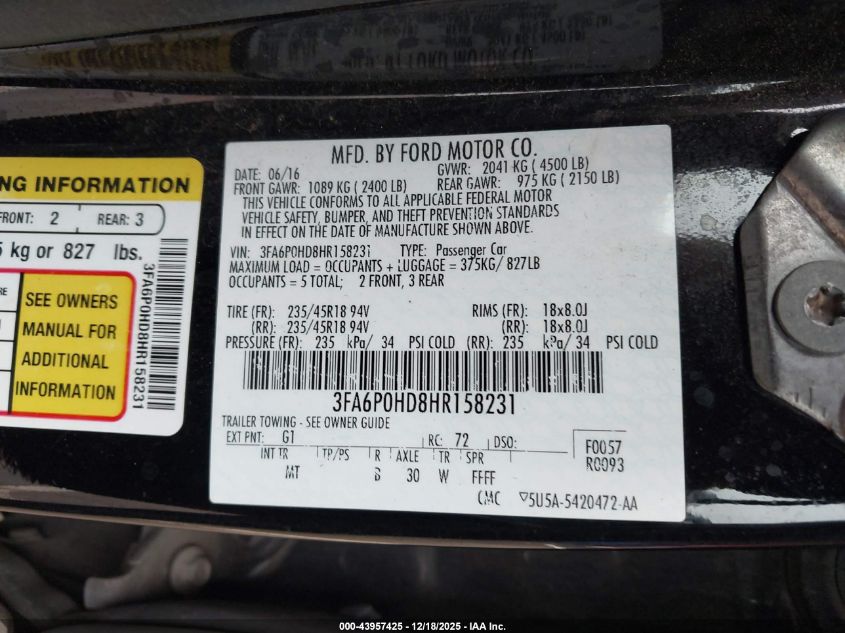 2017 Ford Fusion Se VIN: 3FA6P0HD8HR158231 Lot: 43957425