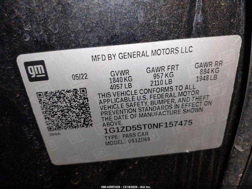 2022 Chevrolet Malibu Fwd Lt VIN: 1G1ZD5ST0NF157475 Lot: 43957426