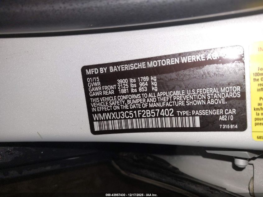 2015 Mini Hardtop Cooper S VIN: WMWXU3C51F2B57402 Lot: 43957430