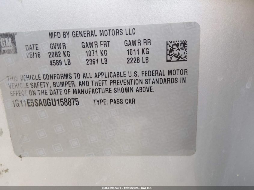 2016 Chevrolet Malibu Limited Ltz VIN: 1G11E5SA0GU158875 Lot: 43957431