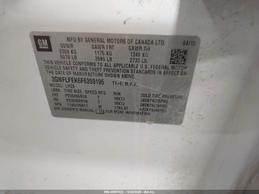 2015 Chevrolet Equinox 1Lt VIN: 2GNFLFEK6F6359195 Lot: 43957432