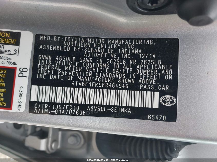 2015 Toyota Camry Le VIN: 4T4BF1FK9FR464946 Lot: 43957433