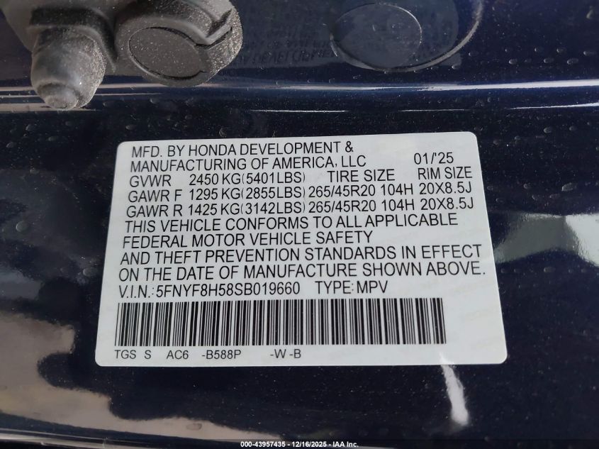 2025 Honda Passport Awd Ex-L VIN: 5FNYF8H58SB019660 Lot: 43957435