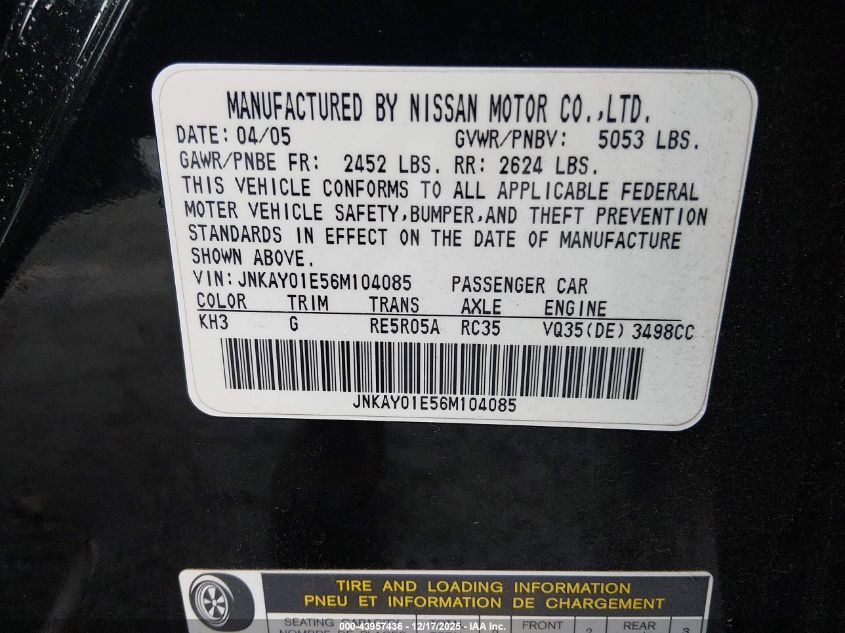 2006 Infiniti M35 VIN: JNKAY01E56M104085 Lot: 43957436