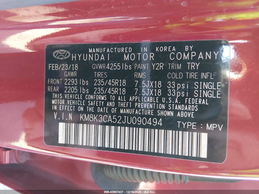 2018 Hyundai Kona Limited VIN: KM8K3CA52JU090494 Lot: 43957437