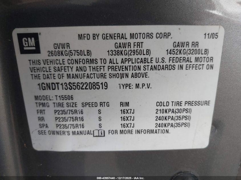 2006 Chevrolet Trailblazer Ls VIN: 1GNDT13S562208519 Lot: 43957440