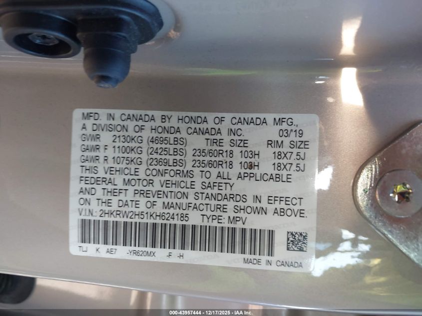 2019 Honda Cr-V Ex VIN: 2HKRW2H51KH624185 Lot: 43957444