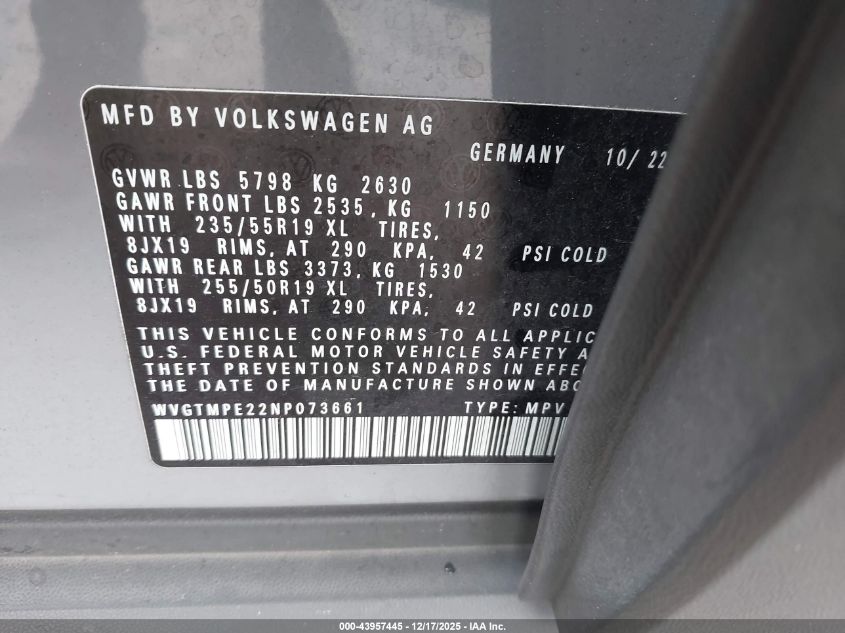 2022 Volkswagen Id.4 Pro S VIN: WVGTMPE22NP073661 Lot: 43957445