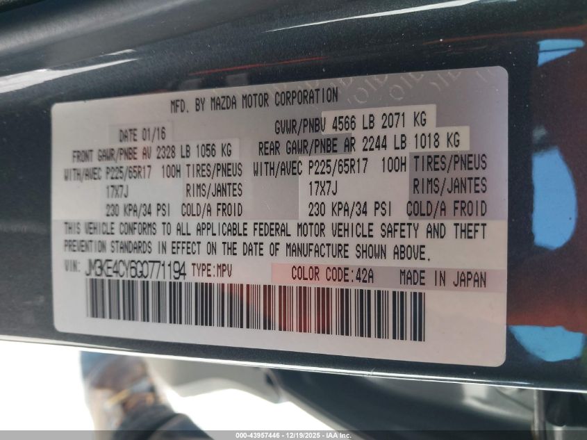 2016 Mazda Cx-5 Touring VIN: JM3KE4CY6G0771194 Lot: 43957446