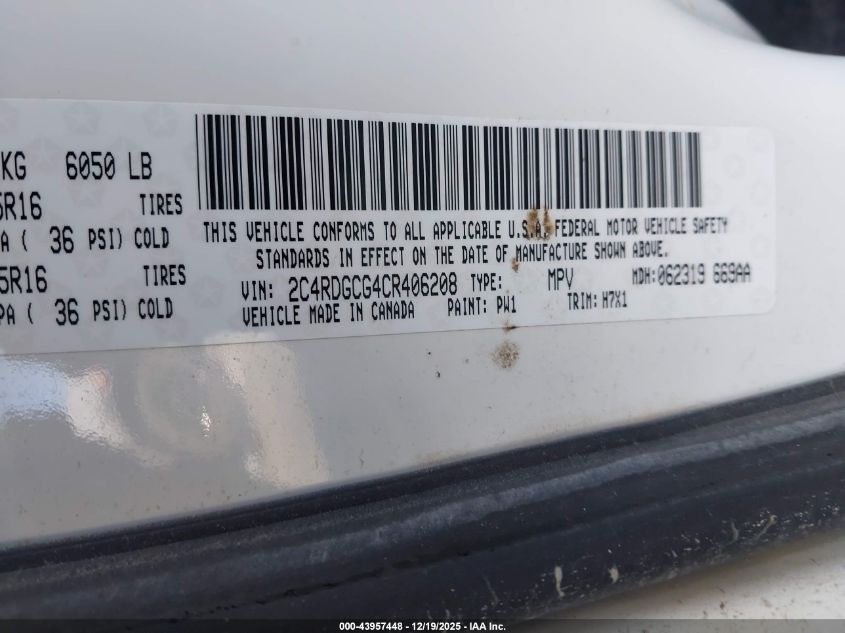 2012 Dodge Grand Caravan Sxt VIN: 2C4RDGCG4CR406208 Lot: 43957448