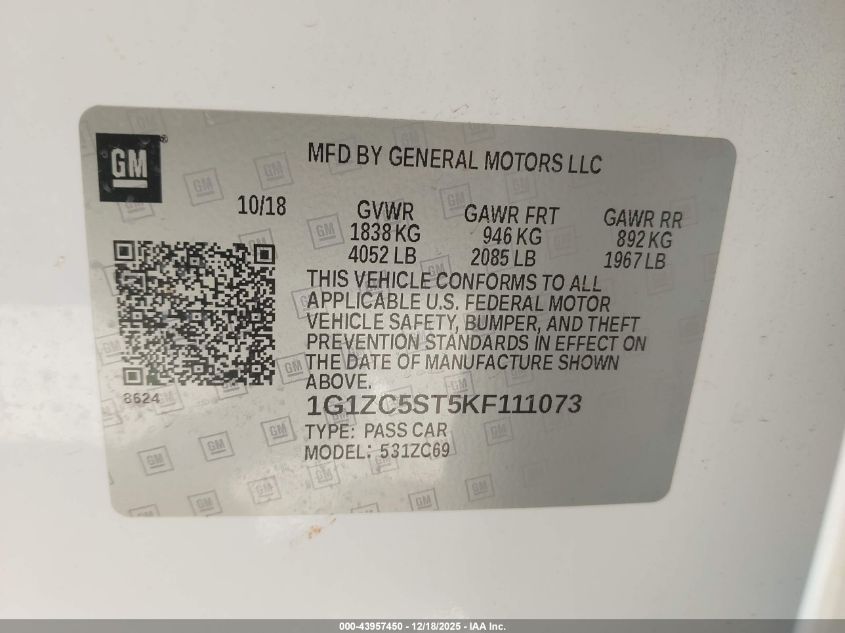 2019 Chevrolet Malibu 1Fl VIN: 1G1ZC5ST5KF111073 Lot: 43957450