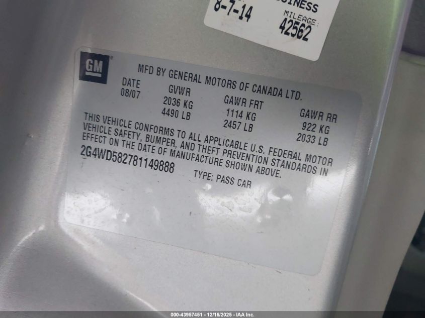 2008 Buick Lacrosse Cxl VIN: 2G4WD582781149888 Lot: 43957451