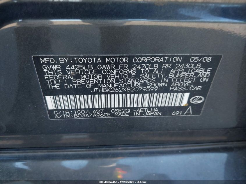 2008 Lexus Is 250 VIN: JTHBK262X82079599 Lot: 43957453
