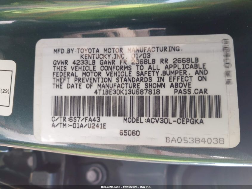 2003 Toyota Camry Xle VIN: 4T1BE30K13U687818 Lot: 43957458