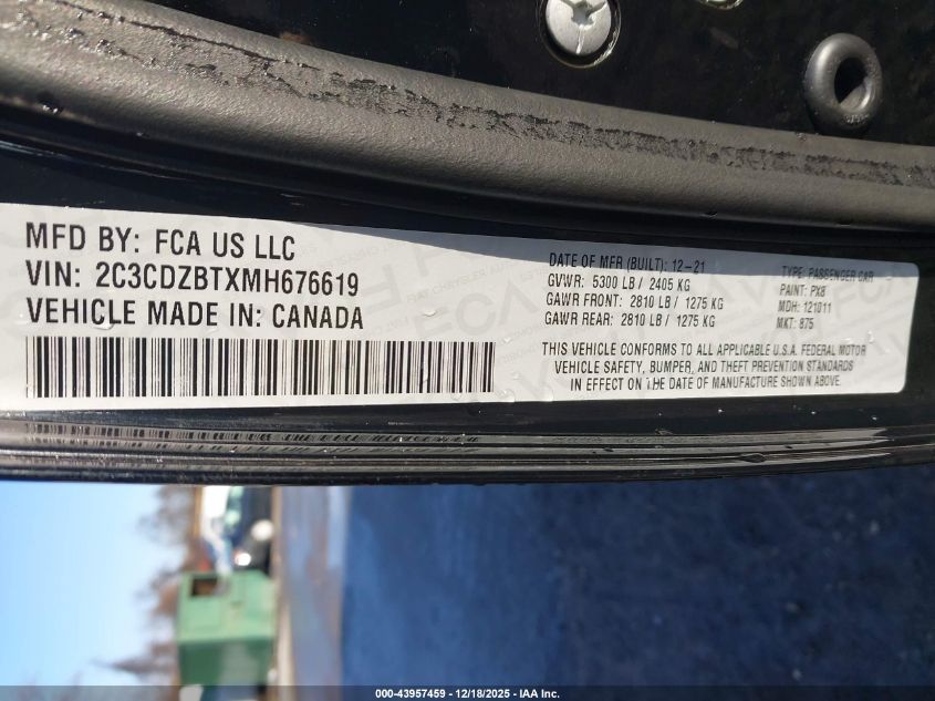 2021 Dodge Challenger R/T VIN: 2C3CDZBTXMH676619 Lot: 43957459