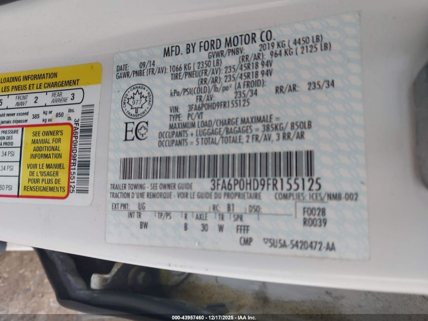 2015 Ford Fusion Se VIN: 3FA6P0HD9FR155125 Lot: 43957460