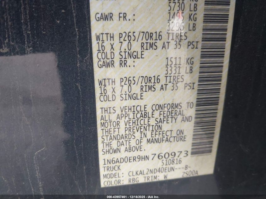 2017 Nissan Frontier Sv VIN: 1N6AD0ER9HN760973 Lot: 43957461