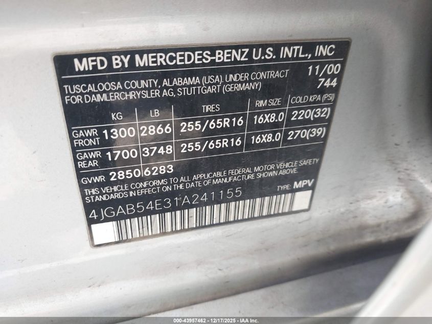 2001 Mercedes-Benz Ml 320 VIN: 4JGAB54E31A241155 Lot: 43957462