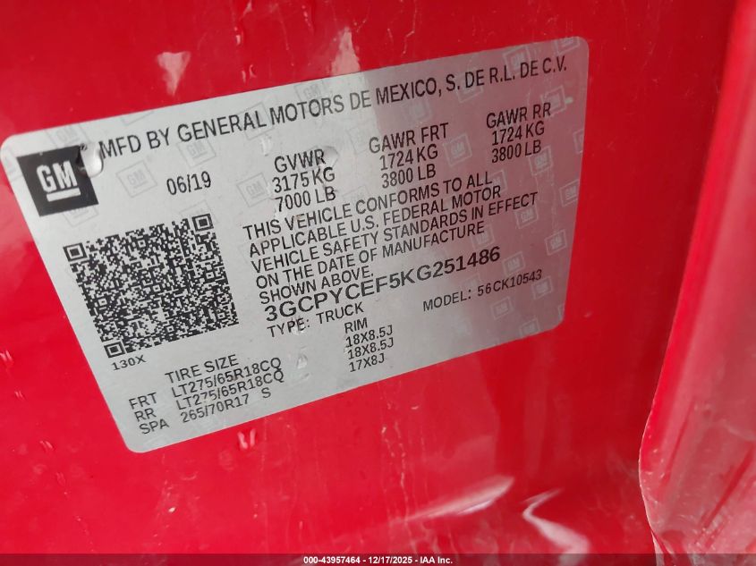 2019 Chevrolet Silverado 1500 Custom Trail Boss VIN: 3GCPYCEF5KG251486 Lot: 43957464