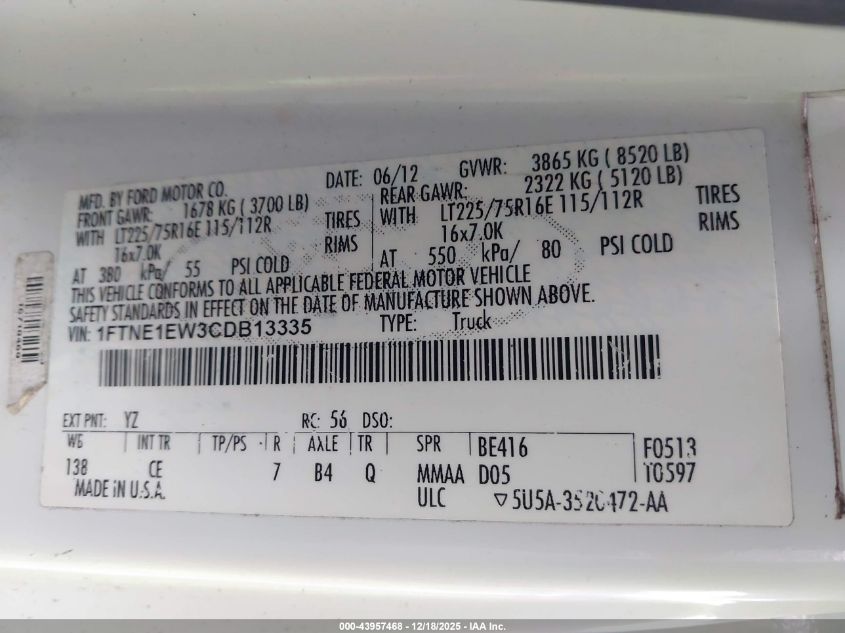 2012 Ford E-150 Commercial VIN: 1FTNE1EW3CDB13335 Lot: 43957468