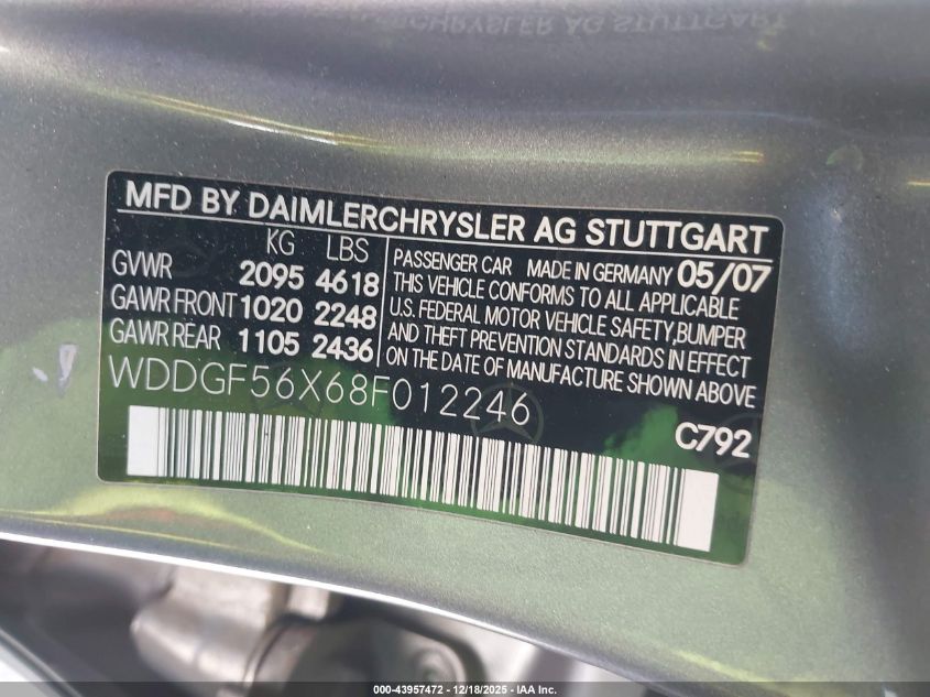 2008 Mercedes-Benz C 350 Sport VIN: WDDGF56X68F012246 Lot: 43957472