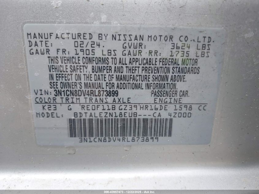 2024 Nissan Versa 1.6 S VIN: 3N1CN8DV4RL873899 Lot: 43957473