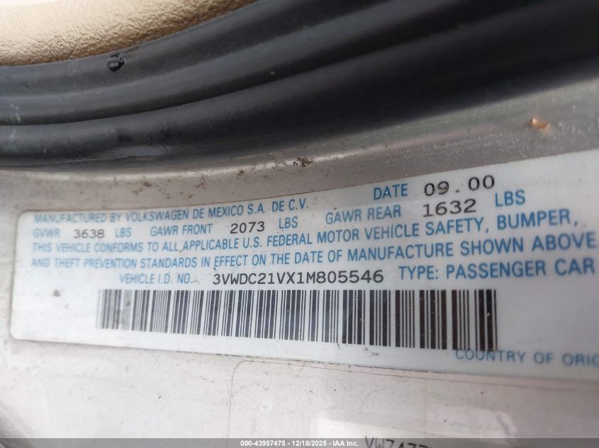 2001 Volkswagen Cabrio Glx VIN: 3VWDC21VX1M805546 Lot: 43957475