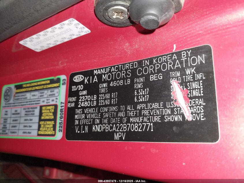 2011 Kia Sportage Lx VIN: KNDPBCA22B7082771 Lot: 43957478