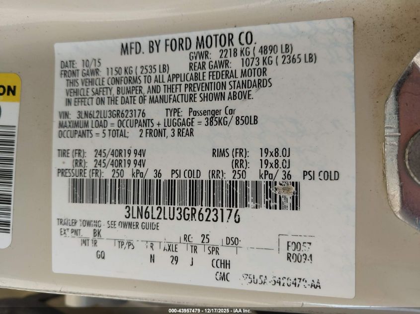 2016 Lincoln Mkz Hybrid VIN: 3LN6L2LU3GR623176 Lot: 43957479