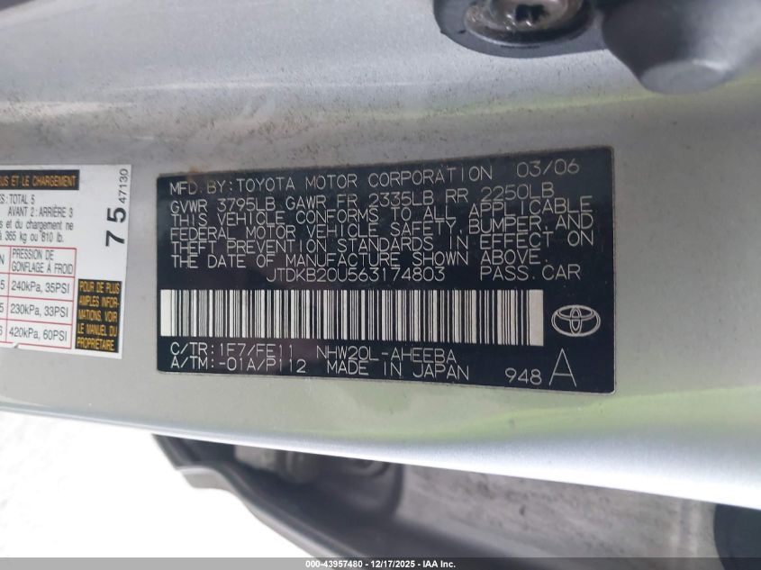 2006 Toyota Prius VIN: JTDKB20U563174803 Lot: 43957480