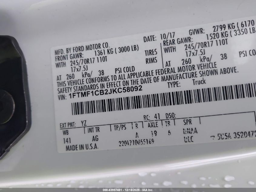 2018 Ford F-150 Xl VIN: 1FTMF1CB2JKC58092 Lot: 43957481