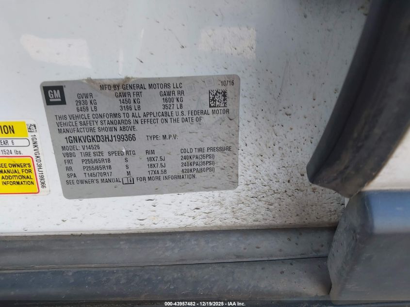 2017 Chevrolet Traverse 1Lt VIN: 1GNKVGKD3HJ199366 Lot: 43957482