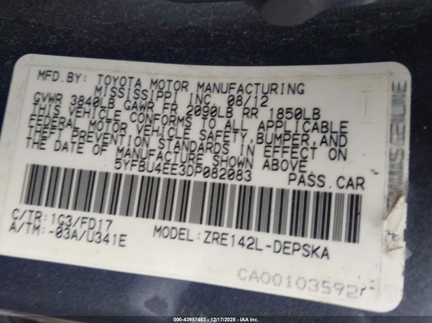 2013 Toyota Corolla S VIN: 5YFBU4EE3DP082083 Lot: 43957483