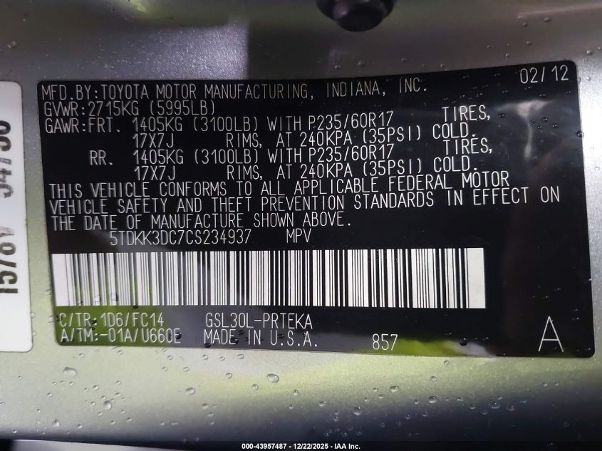 2012 Toyota Sienna Le V6 8 Passenger VIN: 5TDKK3DC7CS234937 Lot: 43957487