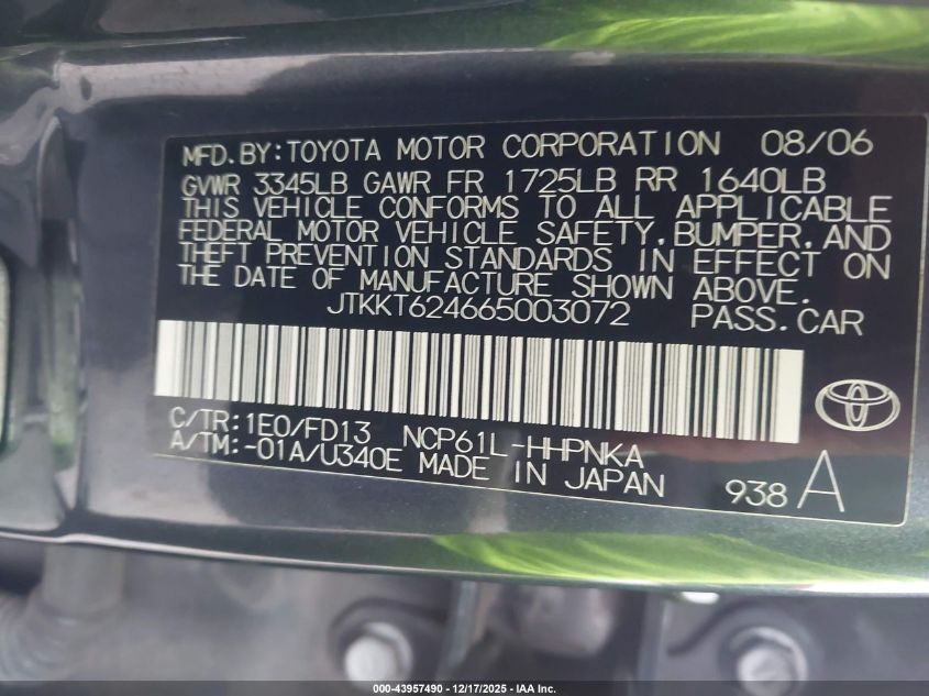 2006 Scion Xa VIN: JTKKT624665003072 Lot: 43957490