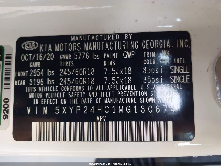 2021 Kia Telluride Lx VIN: 5XYP24HC1MG130674 Lot: 43957491