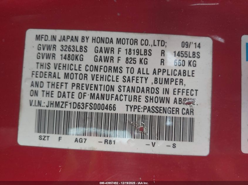 2015 Honda Cr-Z Ex VIN: JHMZF1D63FS000466 Lot: 43957492