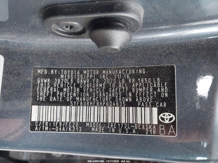 2017 Toyota Corolla Se VIN: 5YFBURHE8HP604835 Lot: 43957498