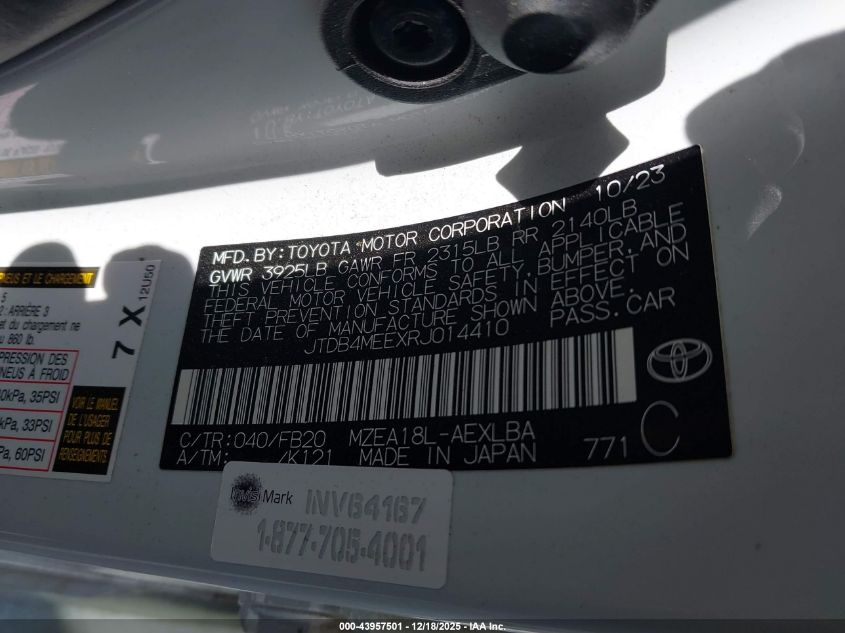 2024 Toyota Corolla Le VIN: JTDB4MEEXRJ014410 Lot: 43957501