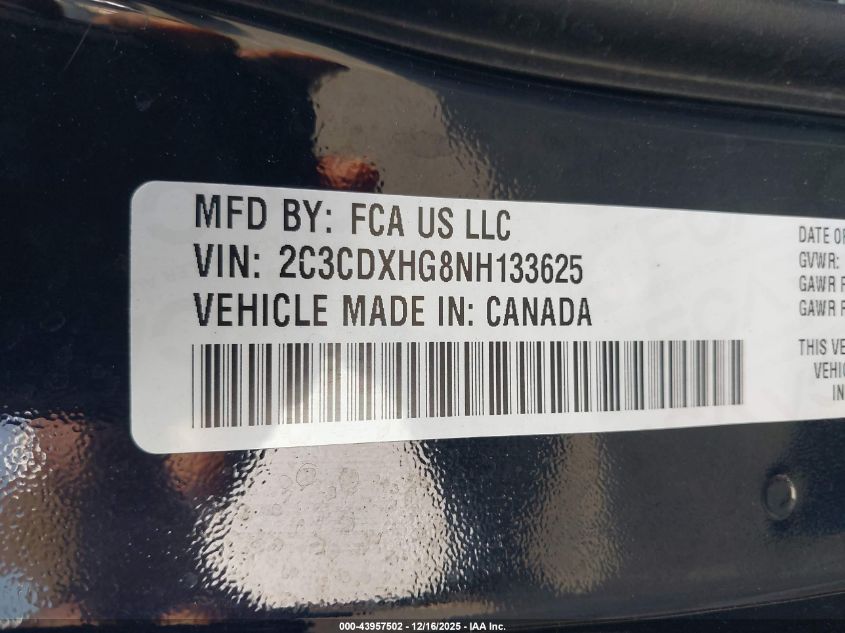 2022 Dodge Charger Gt Rwd VIN: 2C3CDXHG8NH133625 Lot: 43957502