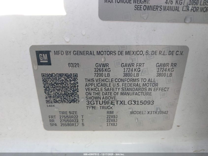 2020 GMC Sierra 1500 Denali VIN: 3GTU9FETXLG315093 Lot: 43957512