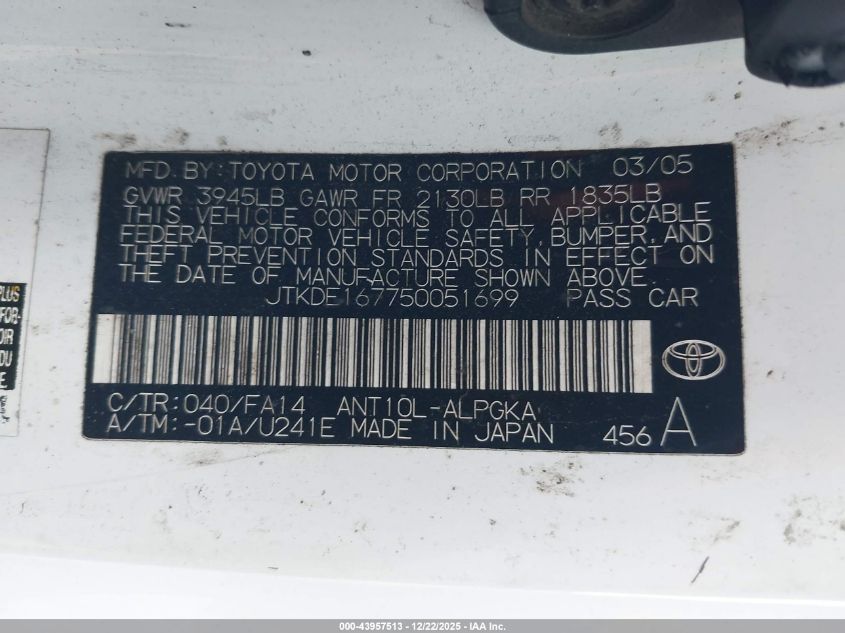 2005 Scion Tc VIN: JTKDE167750051699 Lot: 43957513