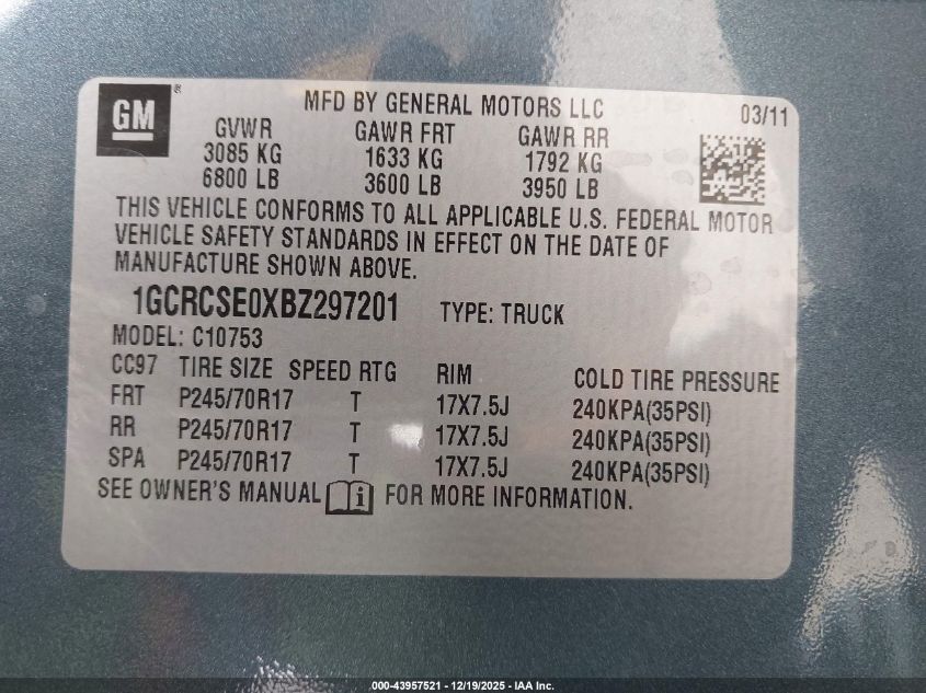 2011 Chevrolet Silverado 1500 Lt VIN: 1GCRCSE0XBZ297201 Lot: 43957521