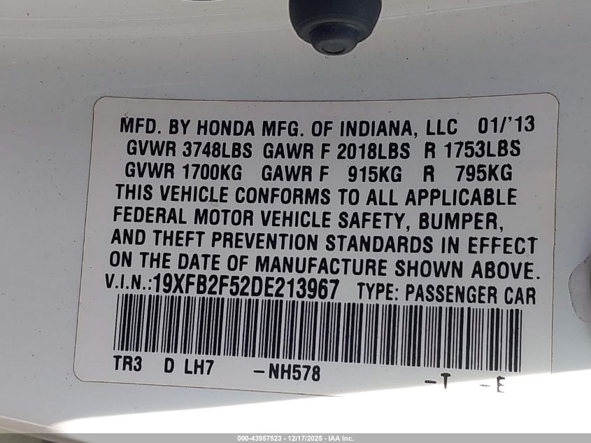 2013 Honda Civic Lx VIN: 19XFB2F52DE213967 Lot: 43957523