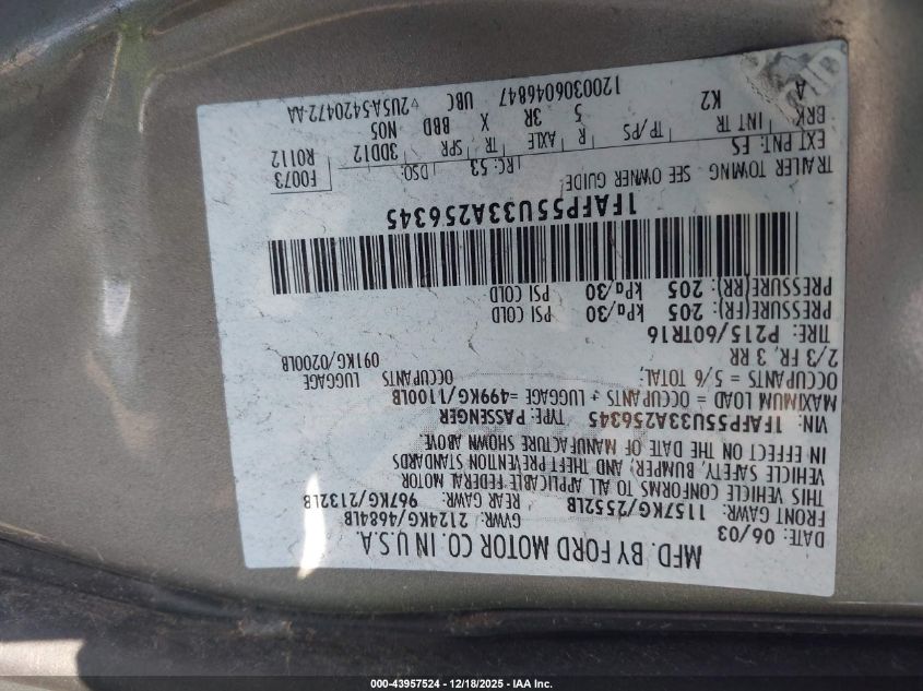 2003 Ford Taurus Ses VIN: 1FAFP55U33A256345 Lot: 43957524